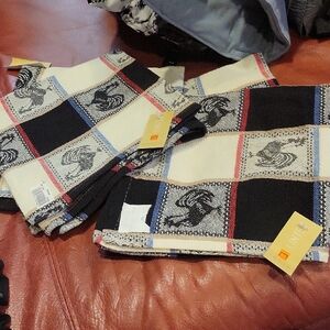 "Plaid Check Roosters"set/4 Woven Jacquard Cloth Napkins/NWT/Farmhouse